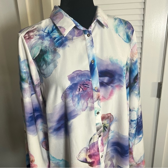 EUC River Island Watercolor Flowy Floral Button Down Shirt Dress Sz UK 16 US 12 - Picture 3 of 11